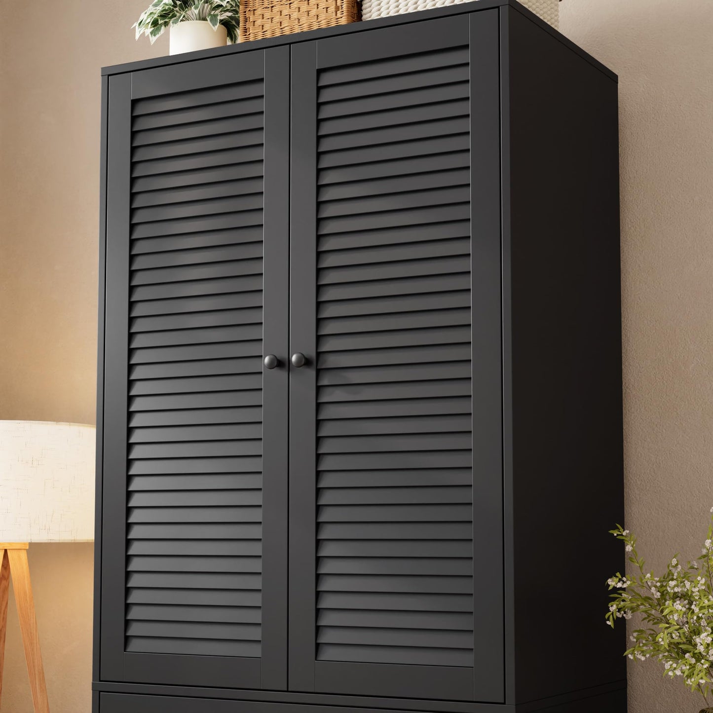 GarveeHome Armoire Wardrobe Closet with Drawers, 69.5 in Wooden Wardrobe Cabinet with Hanging Rod, 2 Doors Clothing Storage Cabinet for Bedroom, Large Capacity Storage, Louvered Door, Black