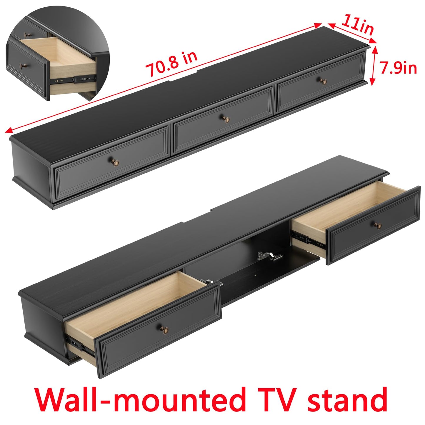 YeTrini 70-inch Wall-Mounted TV Stand, Accommodates 50- to 75-inch TVs, Features Hidden Cable Management, high Weight Capacity, and Space-Saving Black Floating TV Stand
