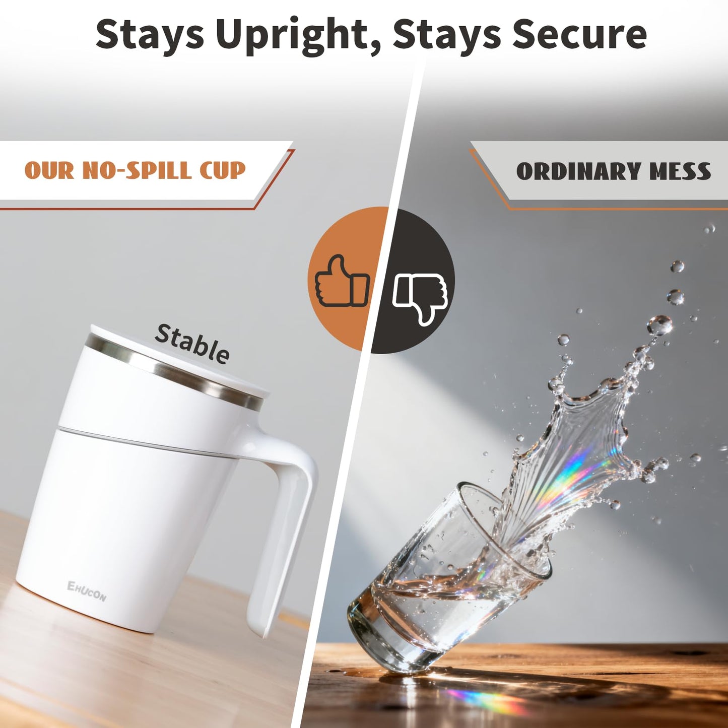 Anti-Impact No-Tip Desk Mug, 470ml / 15.9oz Stainless Steel Insulated Mug with Handle, Smart Suction Base, Non-Slip & Knock Proof, Helps Prevent Desk Spills for Coffee, Tea, Kids & Pets (White)