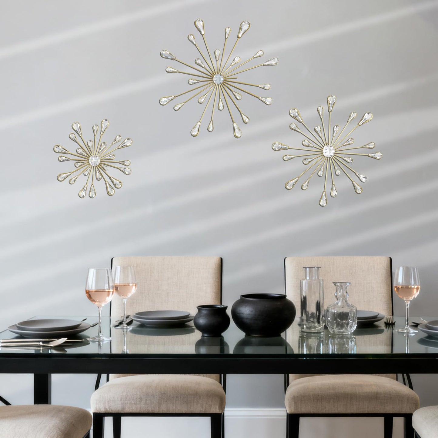 PEDOBALI 5 Pcs Starburst Wall Decor Radial Metal Artwork Gold Bling Wall Art Crystal Teardrop Modern Accent Sculptures Decorations 3D Hanging Rhinestone for Office Home Living Room Bedroom