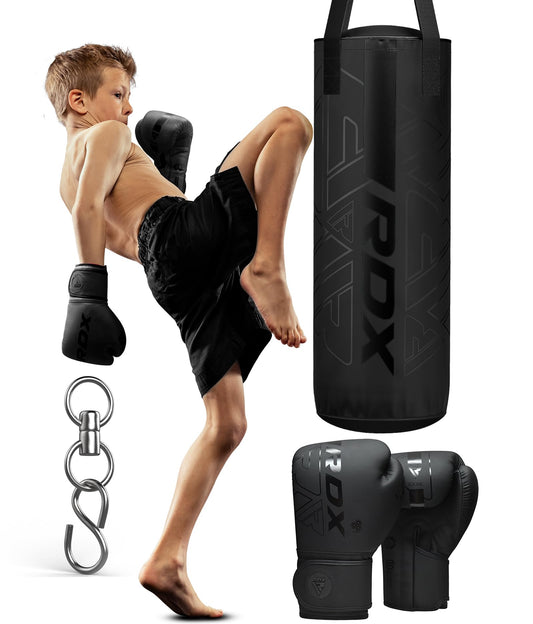 RDX Kids Unfilled Punching Bag Set 2FT, Non Tear Maya Hide Leather Kara Junior Hanging Bag for Kickboxing MMA Muay Thai Taekwondo Karate BJJ Strength Training, Home Gym Equipment