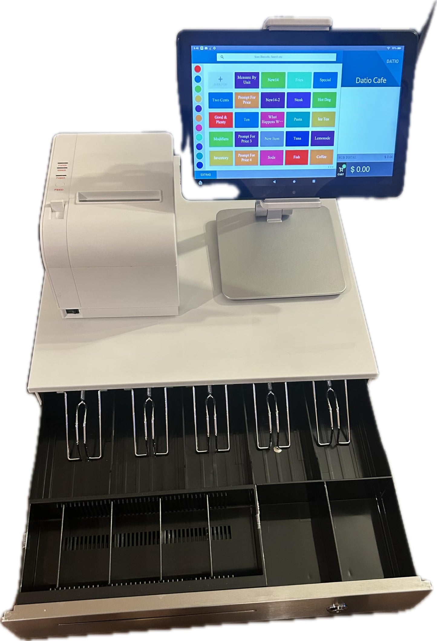 Datio POS System with Cash Register and Receipt Printer – Compatible with 9.7"–10.2" Tablets – All-in-One Retail or Restaurant POS
