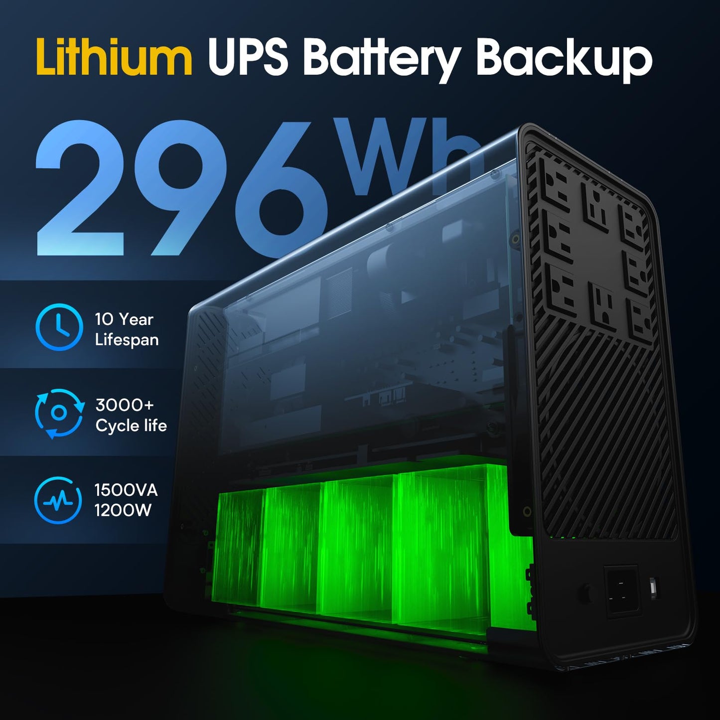 GOLDENMATE 1500VA/1200W Lithium UPS Battery Backup and Surge Protector, Backup Battery Power Supply with LiFePO4 Batteries(296Wh), AVR, Line Interactive Sinewave UPS System, 8 Ports, LCD Screen, Gray