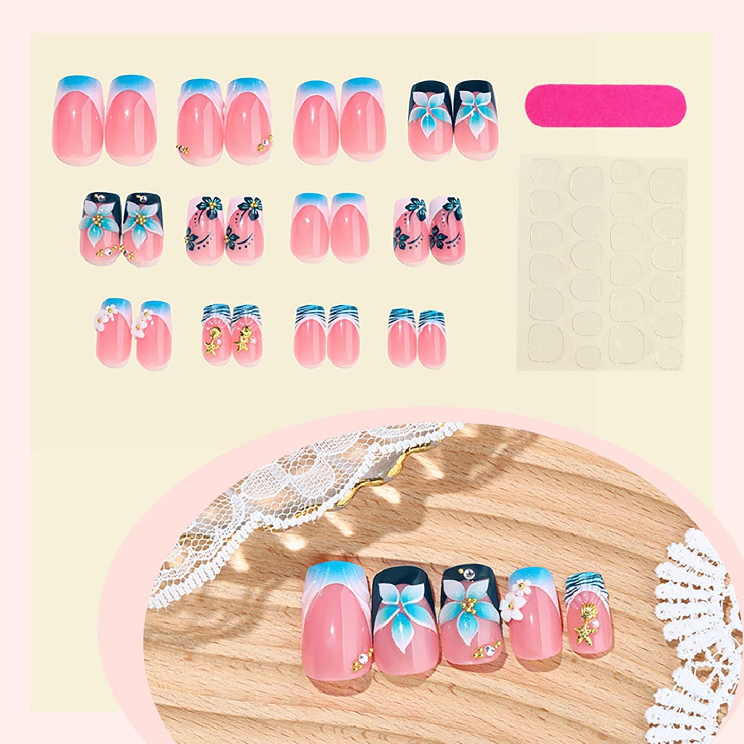 FIEONCIY Press on Nails Square Short Length Glossy Full Cover Acrylic Short Square Shaped False Nails with French Designs Artificial Fake Nails Glue Stick ons Fingernails for Women Girls(W2450)