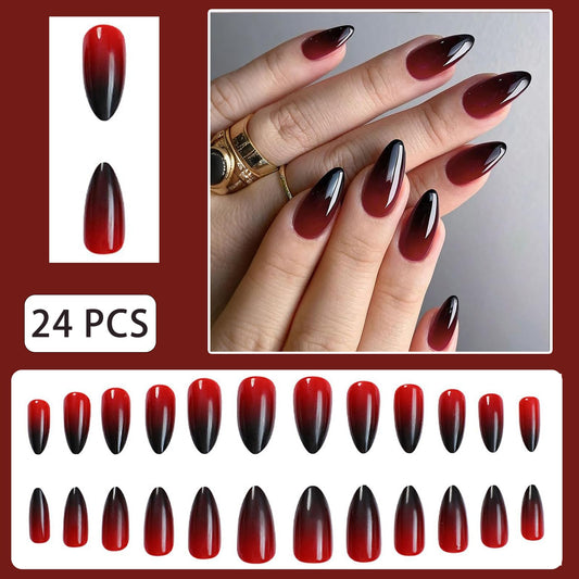 Red and Black Gradient Press on Nails Medium Almond Fake Nails Ombre Red Designs Full Cover Acrylic Glossy False Stick on Nails Classical for Women Girls Manicure Decoration 24 Pcs