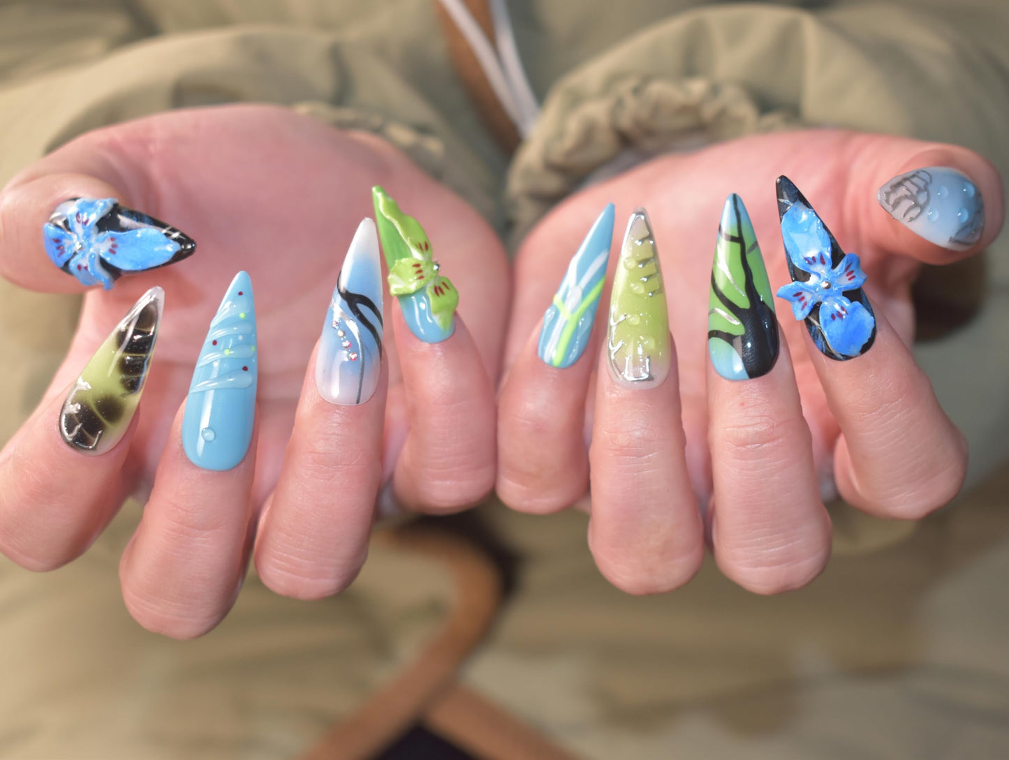 LIFOOST Handmade Press On Nails Long, Blue Press On Nails Stiletto, Carving Flowers 3D Nails with Rhinestones