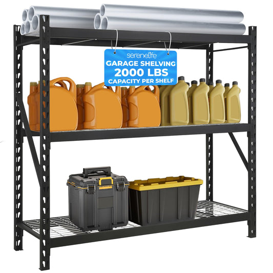 SereneLife Heavy Duty 3-Tier Metal Garage Shelving | 24" x 77" x 72" Extra Wide Adjustable Storage Utility | Freestanding Bulk Storage Rack | Open Wire Mesh Design | 2000 lbs. Capacity