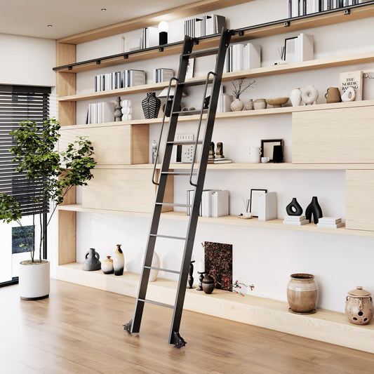 104RDHOUSE 9FT Lightweight Aluminum Rolling Step Ladder 108",Rolling Library Ladder with Wheels,Industrial Sliding Ladder for Home Library,Bookshelf, 4FT Hook Ladder Bookcase Track Kit for Home