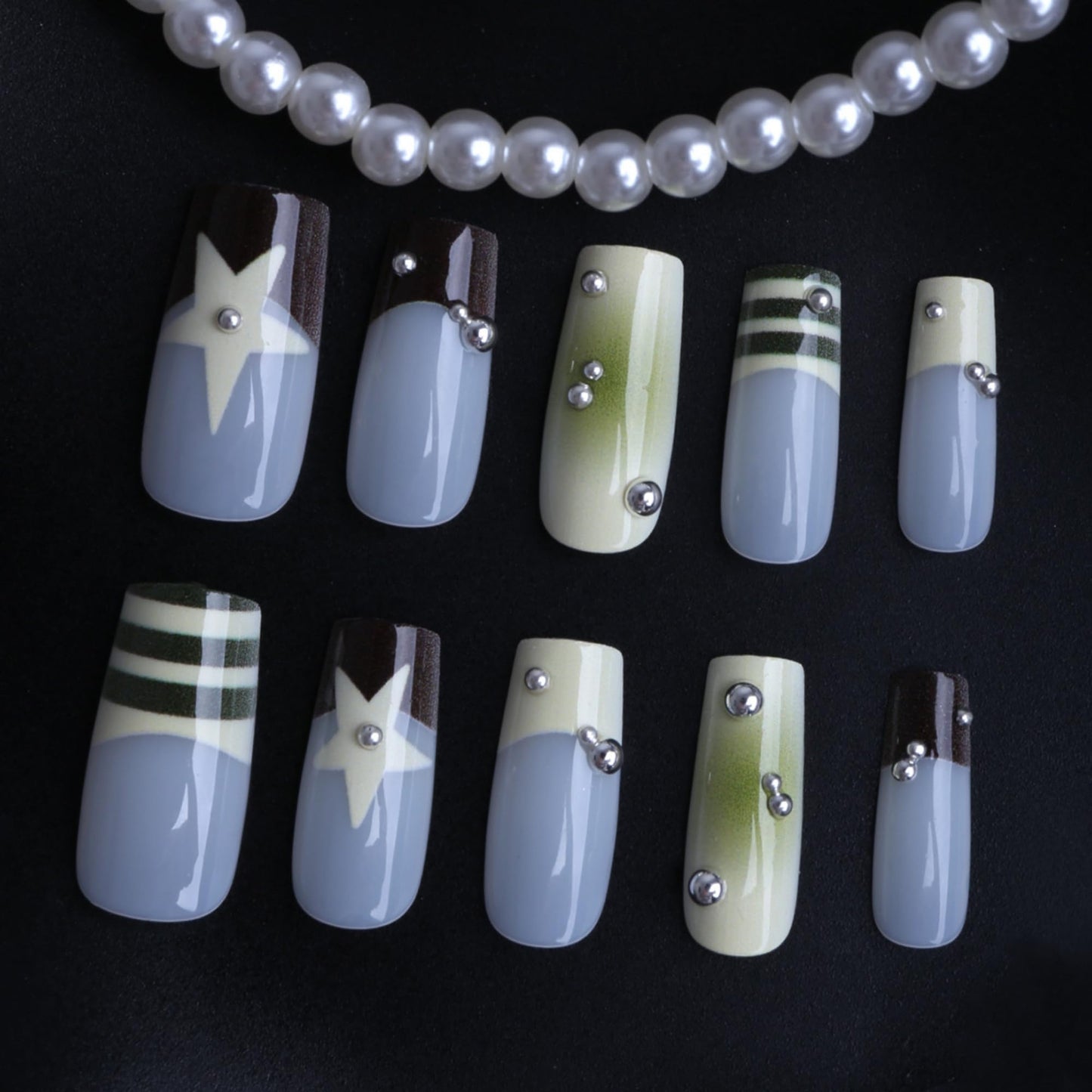 octoswave Press on Nails Square Medium Fake Nails French Artificial Nail with Rhinestones Charm Stick on Nail for Women 24 Pieces