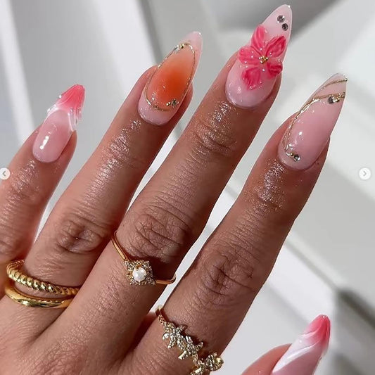 French Long Almond Press on Nails 3D Pink Flower Fake Nails Pink Ombre Handmade Gold Gilding Stick on Nails Golden Lines Acrylic False Nails for Women DIY 24Pcs