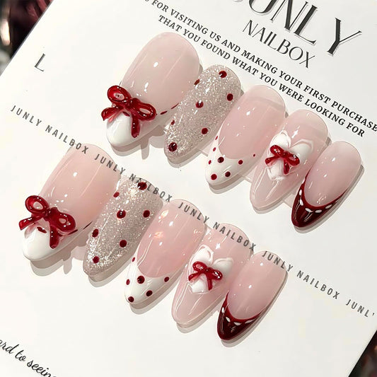 NEWSPIED French Tip Press on Nails Medium Almond Cute Red Bow Fake Nails with Polka Dot & Glitter Design Pink Acrylic False Nails Reusable Full Cover Cute Glue on Nails for Women Manicure 30Pcs