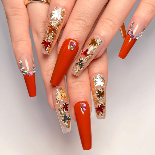 RTKHFZE Fall Press on Nails Long,Coffin Fake Nails with Glitter Fall Maple Leaves and Rhinestones Designs Acrylic Nails Red French Full Cover False Nails Stick on Nail for Women Manicure 24Pcs