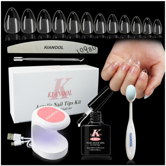 Gel x Nail Kit Almond Shape, 552 Pcs Short Almond Nail Tips with U V Lamp, 5 in 1 UV Glue Press on Easy Extension set, Acrylic False Tips Kit DIY Manicure Art Gifts for Women