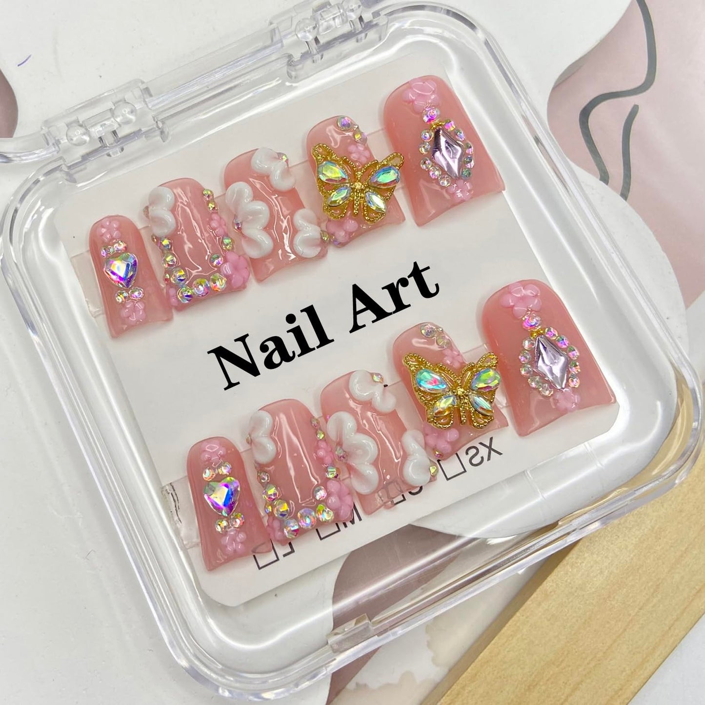 Handmade Press on Nails Butterfly Press on Nails Short Duck Shaped Fake Nails Rhinestones Acrylic Nails Full Cover Reusable Flower False Nails for Women Girls Nail Accessories (Size S)