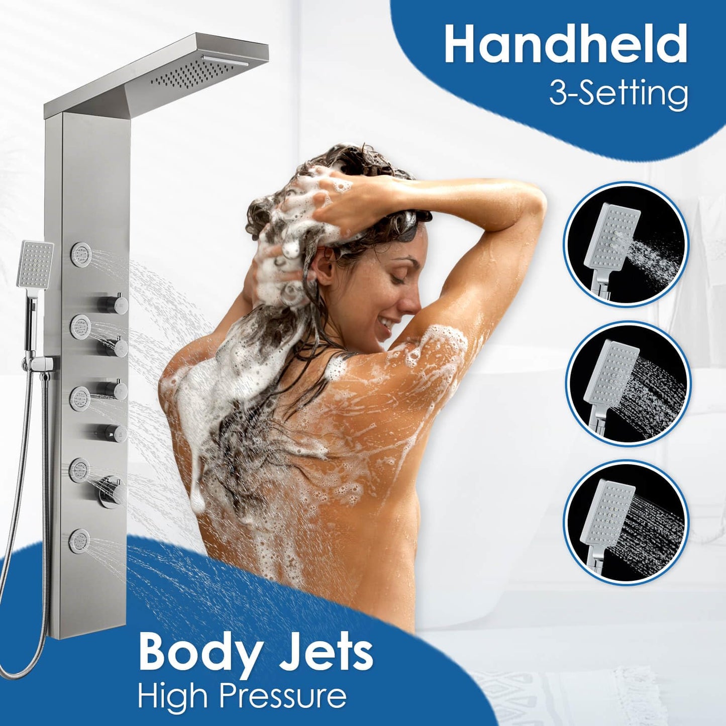 ROVOGO Shower Panel Tower with Rainfall Waterfall Shower Head, 5 Body Jets and 3-Function Handheld, High Pressure Rain Massage System, Wall-Mount Shower Column, Stainless Steel Brushed