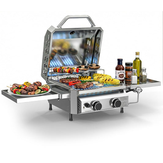 Cowsar Premium Dual-Burner Tabletop Gas Grill | 16,000 BTU Portable Propane Grill with 304 Stainless Steel & Dual Side Shelves – Compact Outdoor BBQ for Patio, Camping, and Backyard Grilling