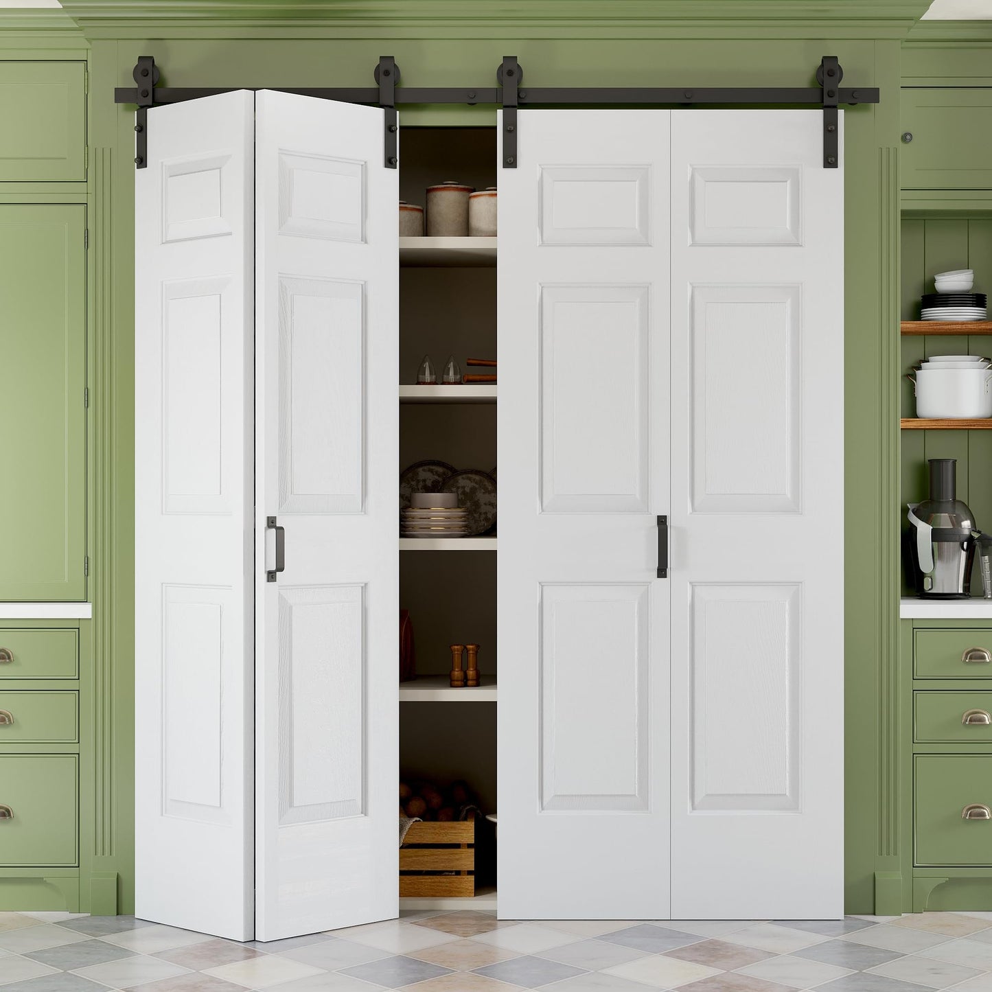 80" x 84" Paintable Bifold Barn Door, No Assembly Required, 6 Panels Bi-Fold Sliding Closet Doors with Hardware Kit Included, 88" Track Kit for 4 Doors, Pre-Drilled Holes, White