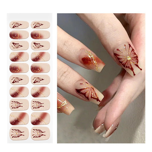 OAUEE Semi Cured Gel Nail Strips | Gel Nail Stickers with UV Light Required | Salon Quality, Easy Application and Removal（Butterfly Gilded Line）