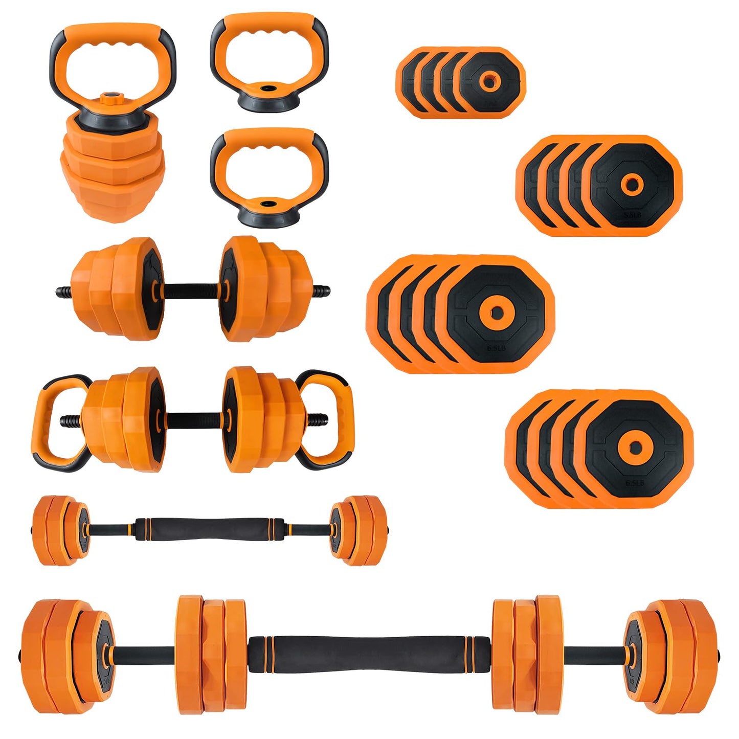 4-In-1 Adjustable Dumbbell Set (44/66/88LB) - Convertible to Barbell, Kettlebell & Push Up Stands, Home Gym Equipment for Men & Women, Space Saving Weights with PVC Coating,88 LBS