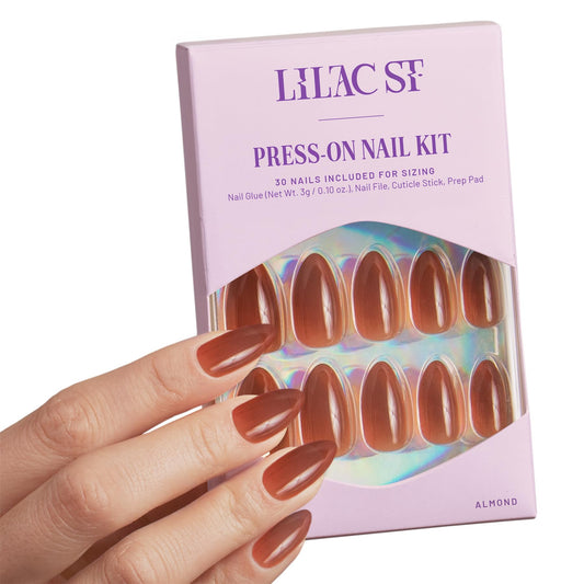 Lilac St - Press on Nails, In Amber (30 Nails, 15 Sizes) - Medium, Almond, Glossy, Semi-Opaque - Brush On Nail Glue, Nail File, Cuticle Stick, Prep Pad - Cruelty Free, Vegan, Women Founded