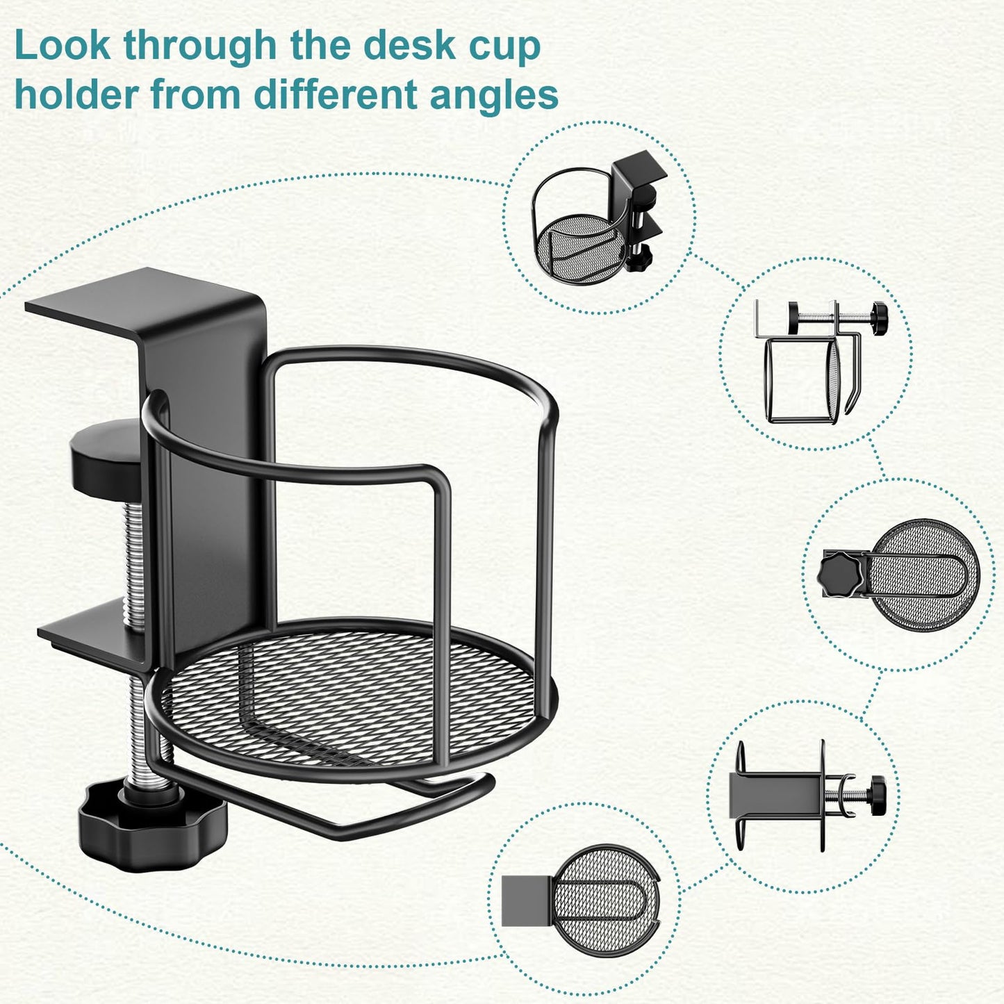 2-in-1 Desk Cup Holder with Headphone Hanger,Anti-Spill Table Water Bottle Holder,Clamp On Table Metal Drinking Holder,Compatible with Universal Cups/Bottles/Mugs/Cans/Tumblers/Thermoses/Glass,2Pack