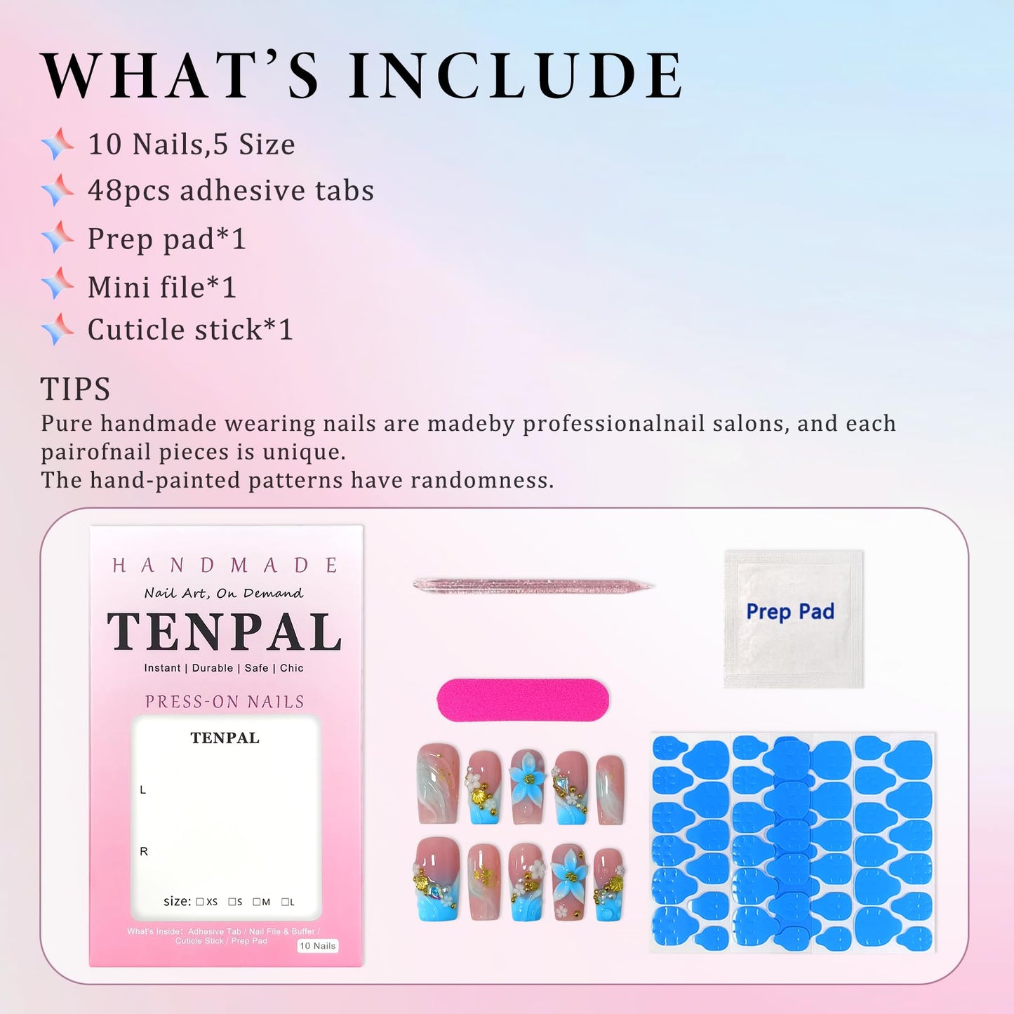 TENPAL Squoval Press on Nails - Blue Pink Ombre with 3D Floral Shell Relief | Reusable Icy Glossy Fake Nails with Tools | Everyday Elegant French Ocean Sky Blue Glue on Nails for Women Girls(S）