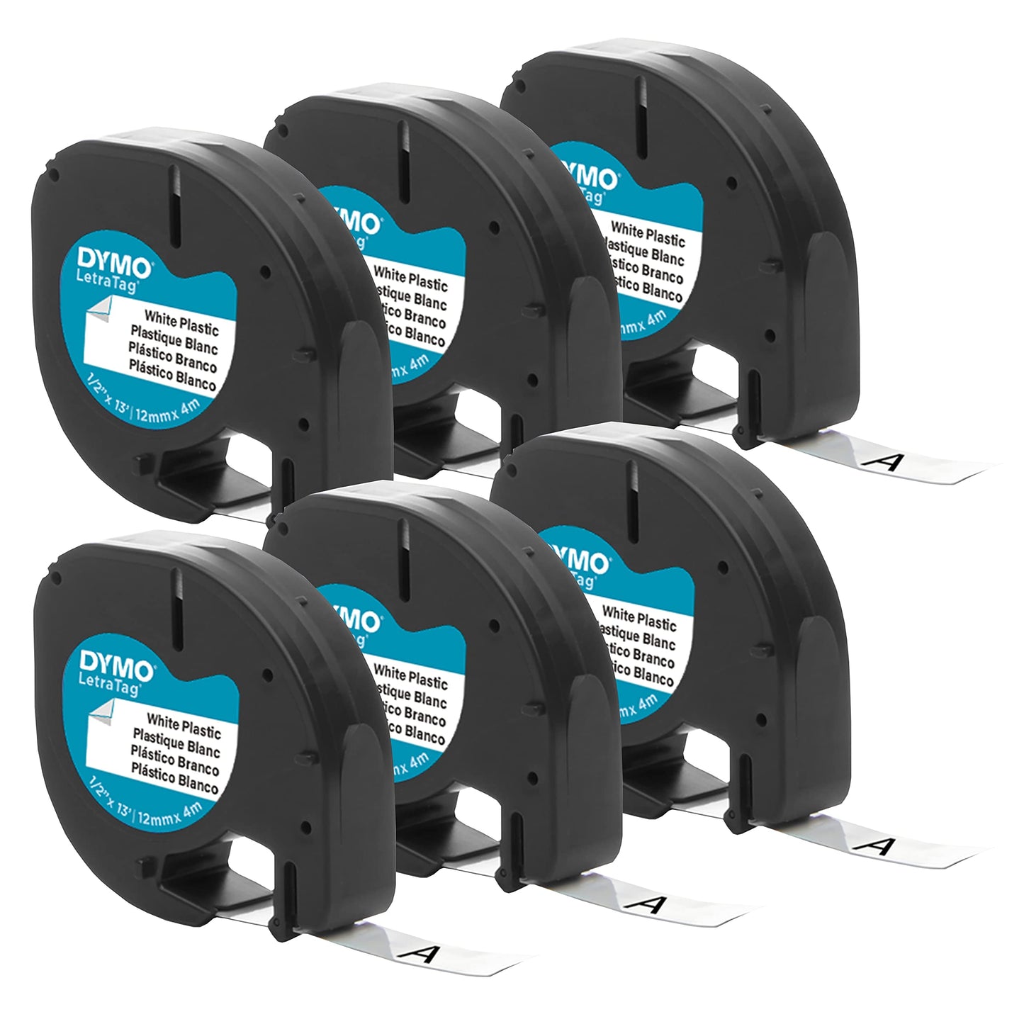 DYMO Authentic LT Plastic Labeling Tape for LetraTag Label Makers, 1/2" (12mm), Black Print On White Tape, 6-Pack