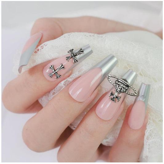 GALSPRO Long Press on Nails - Set of 24 Fake Nails with Designs in 12 Different Sizes for Perfect Fit, Cute False Nails Kit for Women with 0.07oz Nail Glue, A Double Sided Nail File & Cuticle Stick