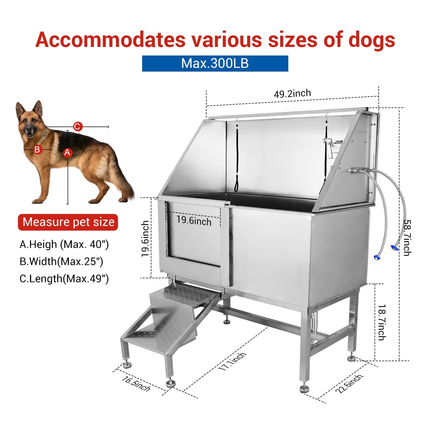 Garvee 50'' Dog Grooming Tub, Professional Pet Washing Station with Retractable Stairs, Stainless Steel Pet Bathtub for Small & Large Dog, Left Door