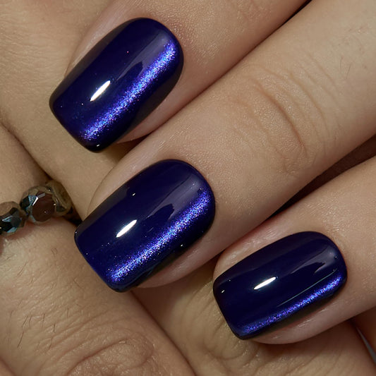 Curvlife Soft Gel Square Press On Nails Short – Purple Strip Cat Eye Reusable False Natural Fit Fake Nails Tips Stick Ons, Salon Quality UV Finish