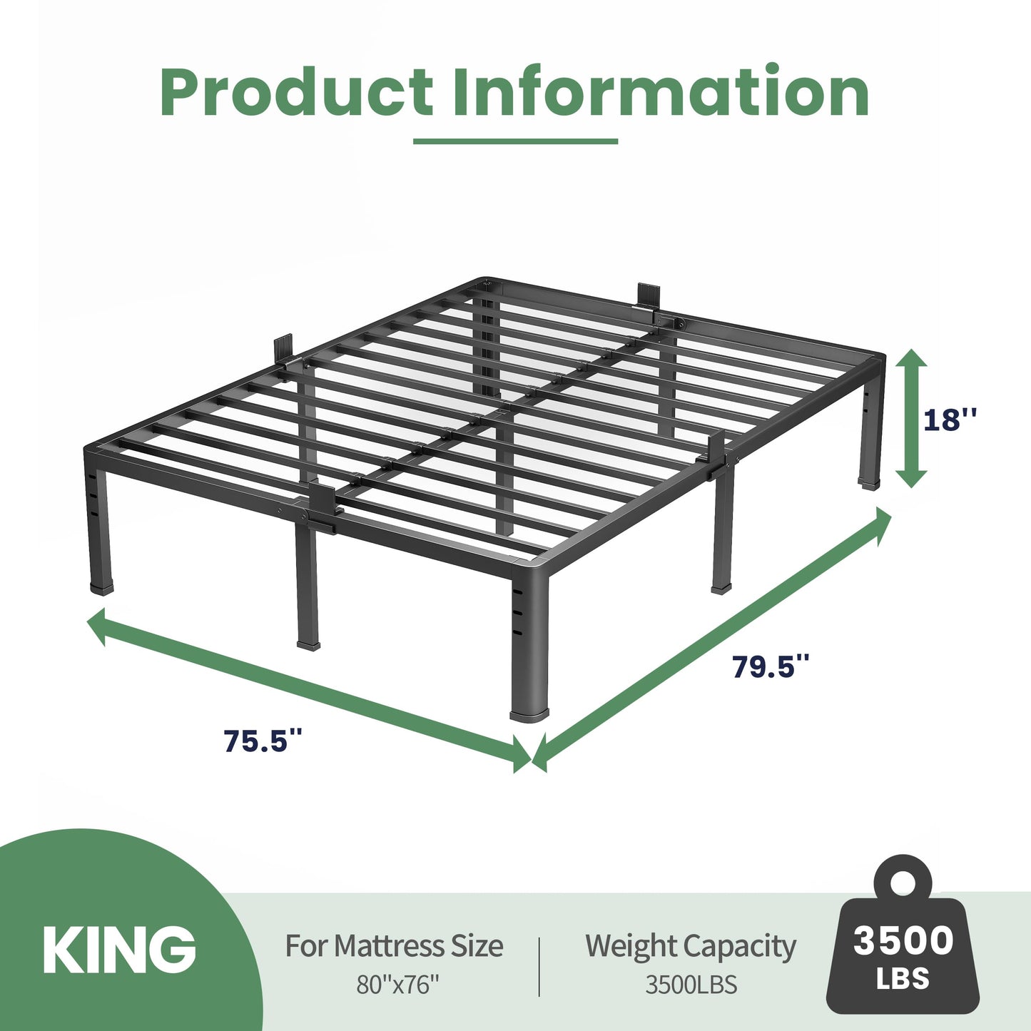 NKZ 18 Inch Metal Platform Bed Frame, King Size Bed Frame with Round Corner Legs, 3,500 lbs Heavy Duty Steel Slats Support, No Box Spring Needed, Easy Assembly, Noise Free