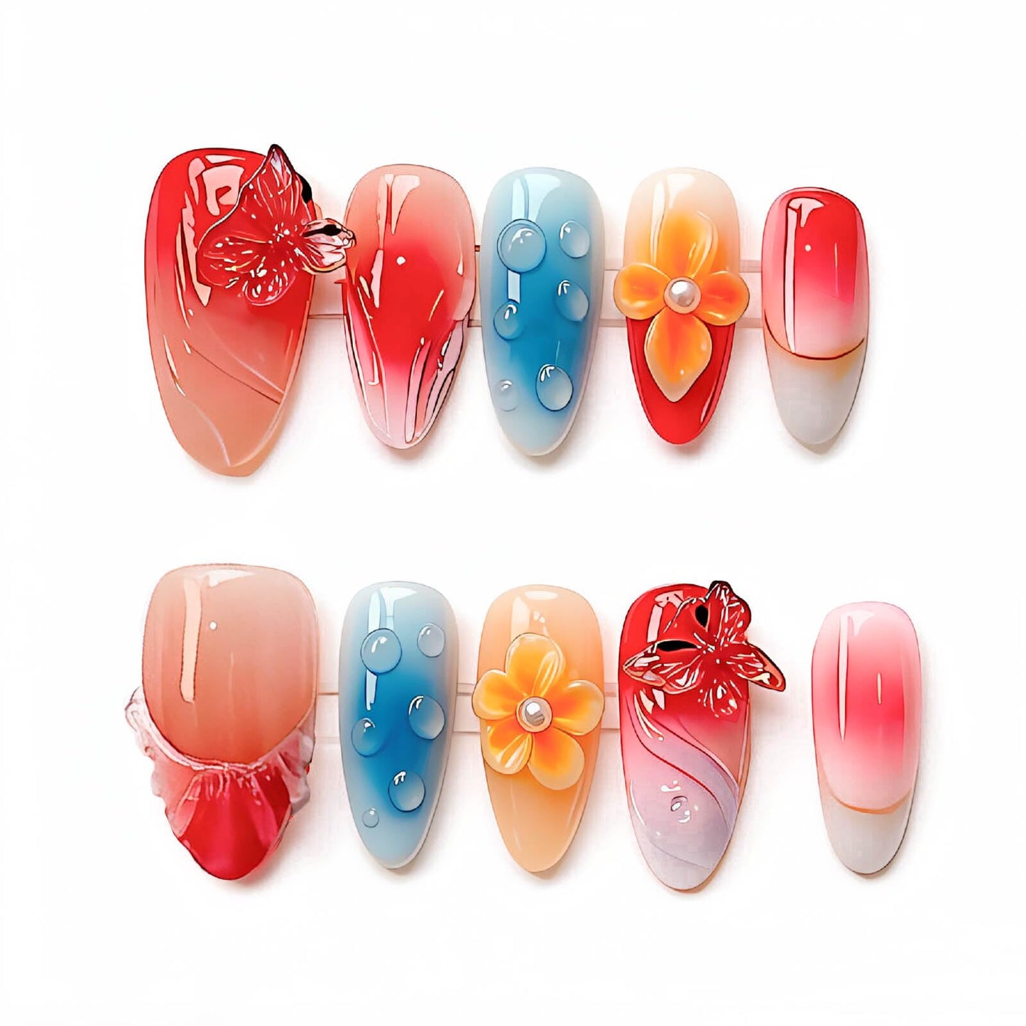 Handmade Press on Nails Almond French Tip, Summer Butterfly Fake Nails, Reusable Acrylic False Nails for Women, Luxury Pink Blue Flower Press on Nails 10Pcs (Size M)