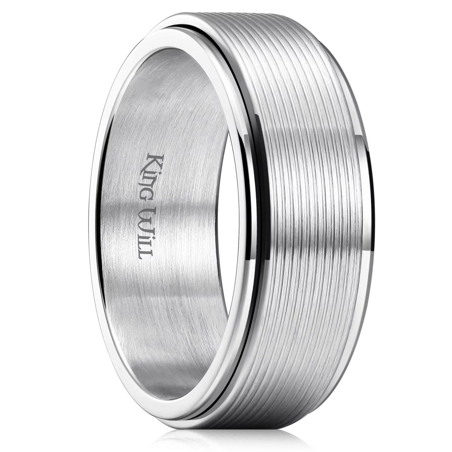 King Will Mens Silver 8mm Groove Spinner Rings Stainless Steel Anxiety Fidget Ring for Women Men Polish Thin Line Groove Wedding Band Fidget Ring Matte Brushed Comfort Fit 12