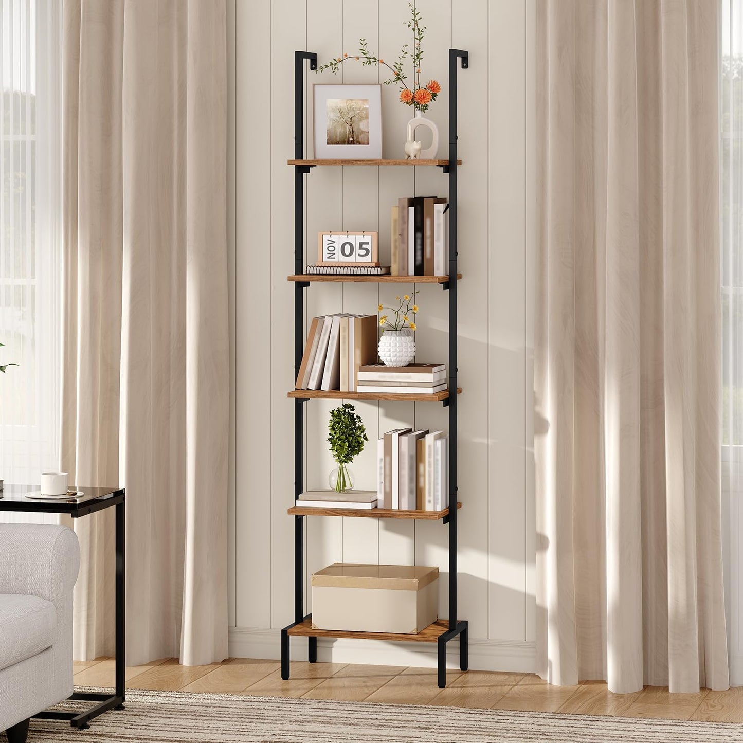 MAHANCRIS Ladder Shelf, 5-Tier Bookshelf, Ladder Bookcase with Wall Mount, Heavy Duty Industrial Style Storage Rack for Living Room, Office, Kitchen, Bedroom, Rustic Brown and Black LSHR5501