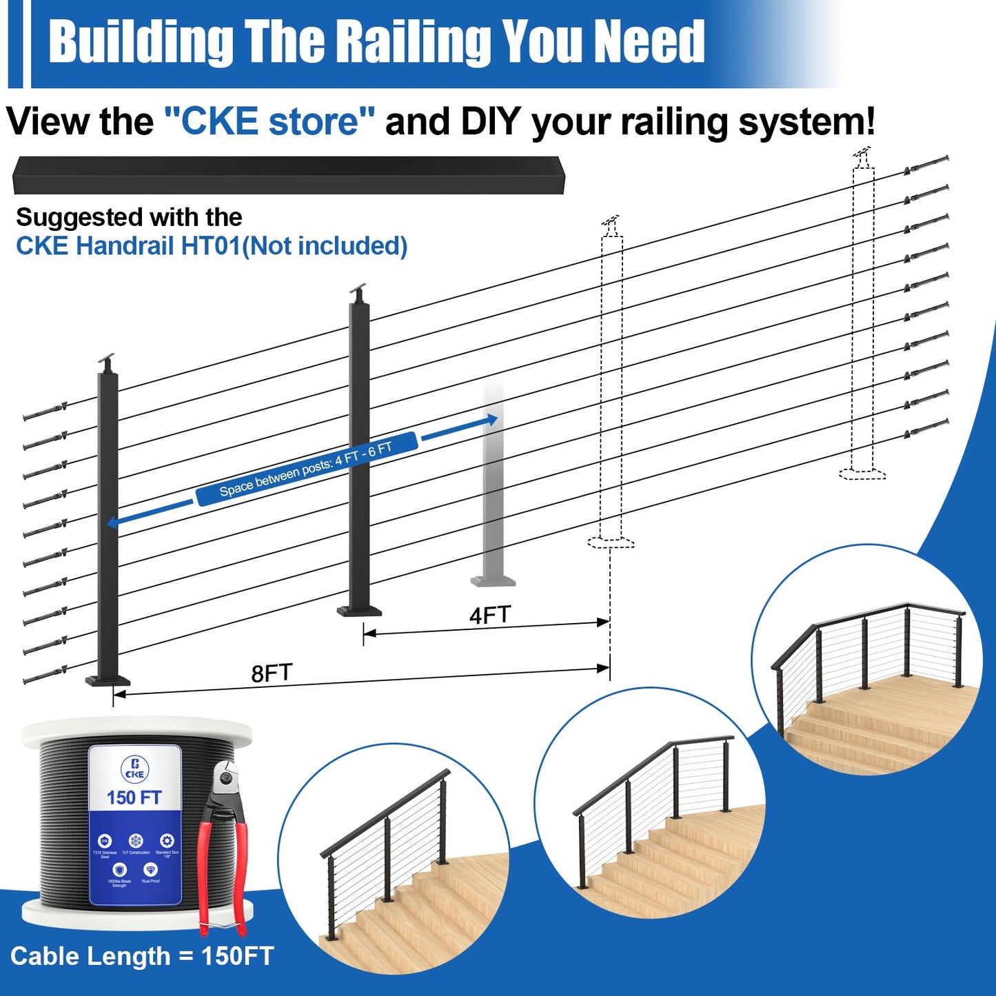 CKE 5-10ft Complete Set 36" Stair Cable Railing Post Kit (35"x2"x2") for 25°-35° Stair, 2 Pack Stair Cable Posts, 150ft 1/8" Wire Rope, Black Swageless Invisible Cable Railing System DIY Kit SPS01
