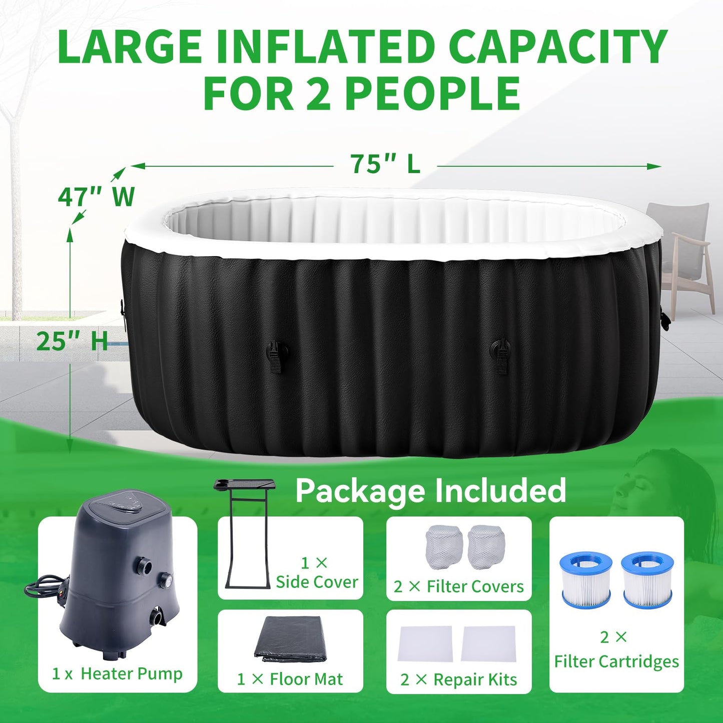 Inflatable Blow Up Hot Tub with LED Lights, 2 Person Oval Portable Hot Tub, Leak-Proof PVC Outdoor Spa with 100 Air Jets, Pump and Insulated Cover, Side Table, 75” X 47”X 25”