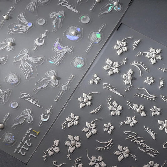 5D Embossed Nail Stickers for Nail Art Self Adhesive Spring Summer Nail Art Stickers White Flower Nail Decals Aurora Bow Star Nail Design for Women Girls
