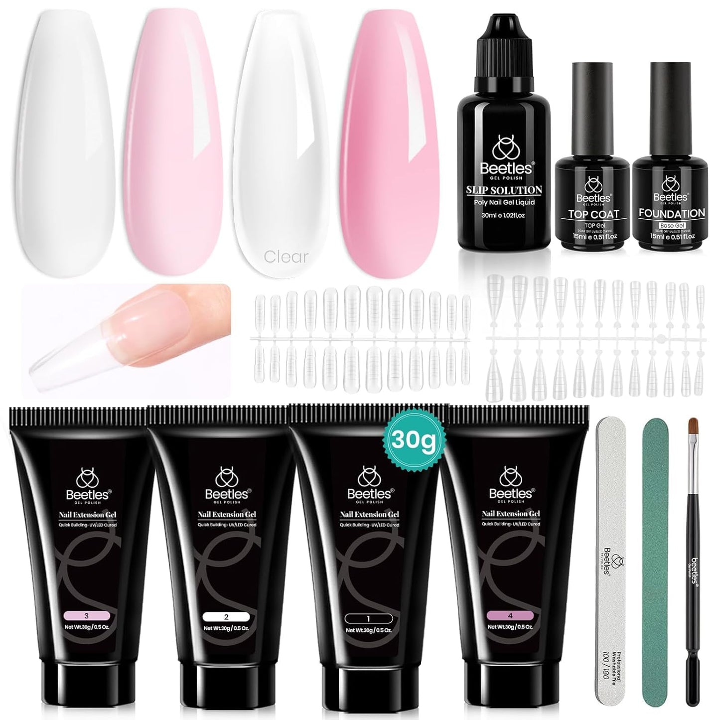 Beetles Poly Nail Extension Gel Kit, 4 Colors Pink White Poly Nail Gel Builder Nail Gel with Poly Brush & Slip Solution Nail Salon All In 1 Kit Gift for Women, UV & LED Needed
