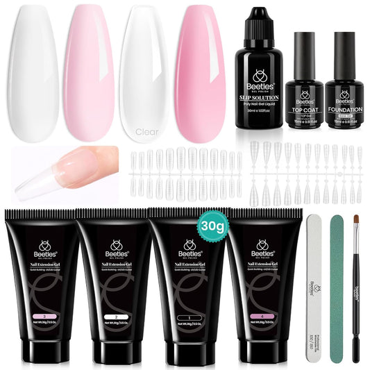 Beetles Poly Nail Extension Gel Kit, 4 Colors Pink White Poly Nail Gel Builder Nail Gel with Poly Brush & Slip Solution Nail Salon All In 1 Kit Gift for Women, UV & LED Needed
