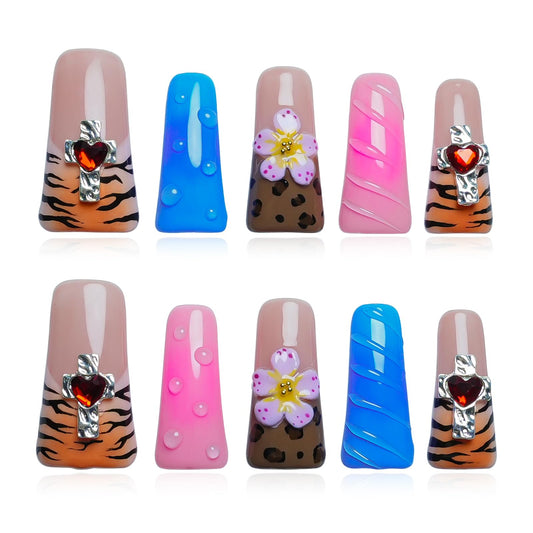 Tesytto Long Duck Press-On Nails Handmade, Colorful Blue Pink Acrylic Fake Nails with 3D Charms, Brown Tiger Stripe & Flower Design, Multi-Layer Full Cover False Nails (Tame the Wild Heart, S)