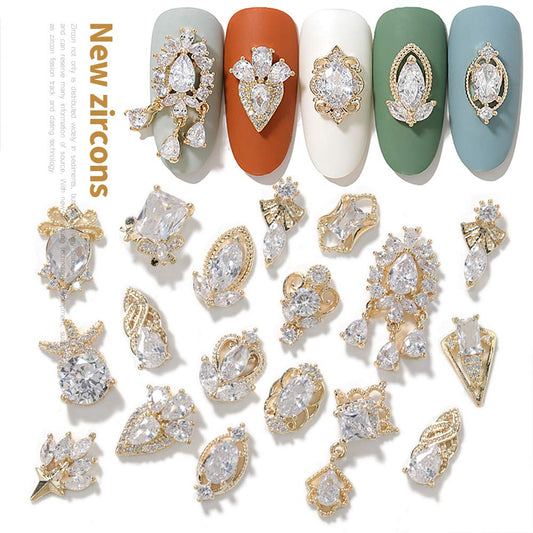 HNUIX Nail Charms and Gems - Gold Copper Zircon, Multiple Shapes 3D Dangle, Metal Jewelry Rhinestones for Nails 17 Pieces