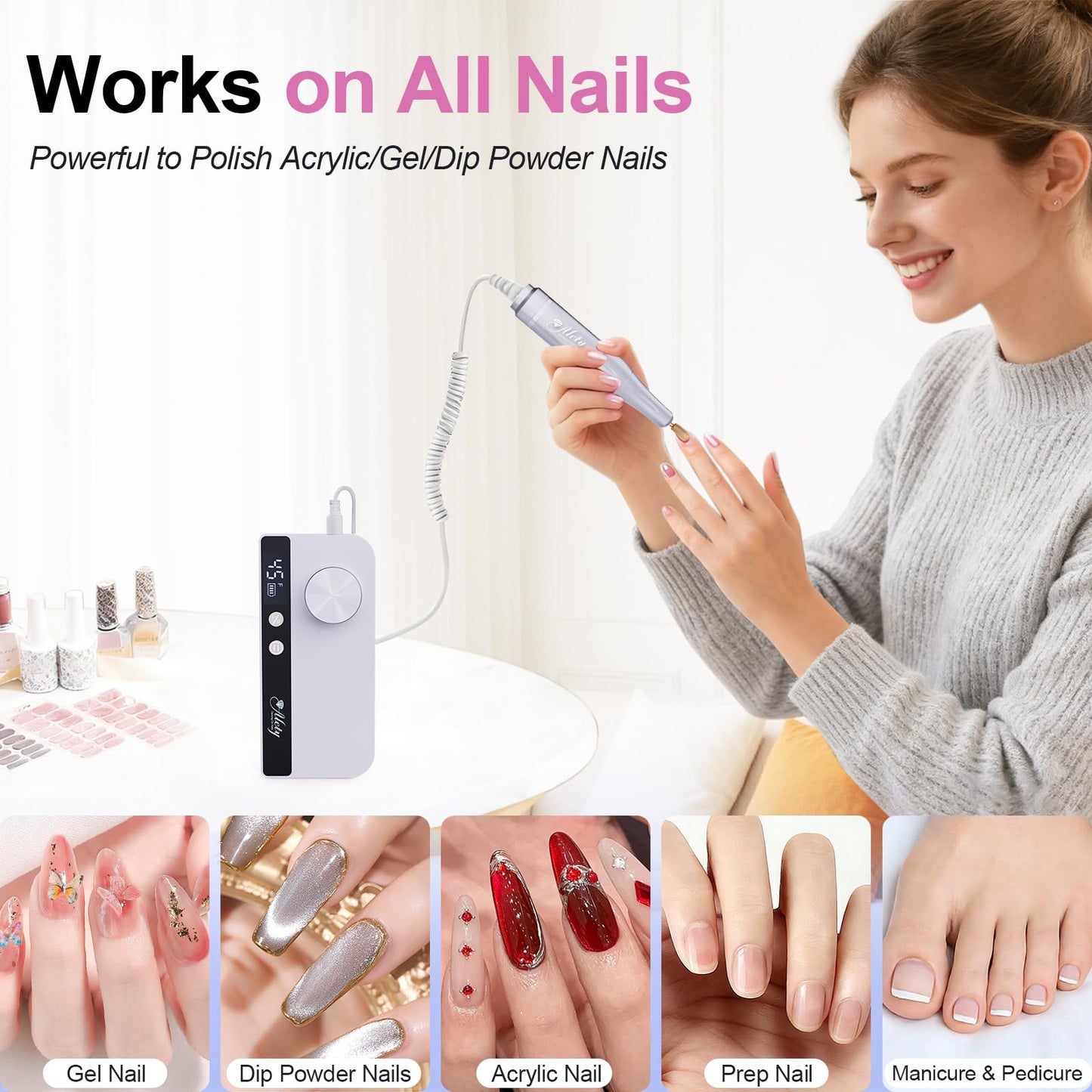Alety Nail Drill Professional 45000RPM Electric Nail File Kit, Upgraded AC450F Nail Drill Machine for Acrylic Gel Nails, Rechargeable Salon-Grade E-File Set, Manicure Nail Tools with 11 Gold Bits
