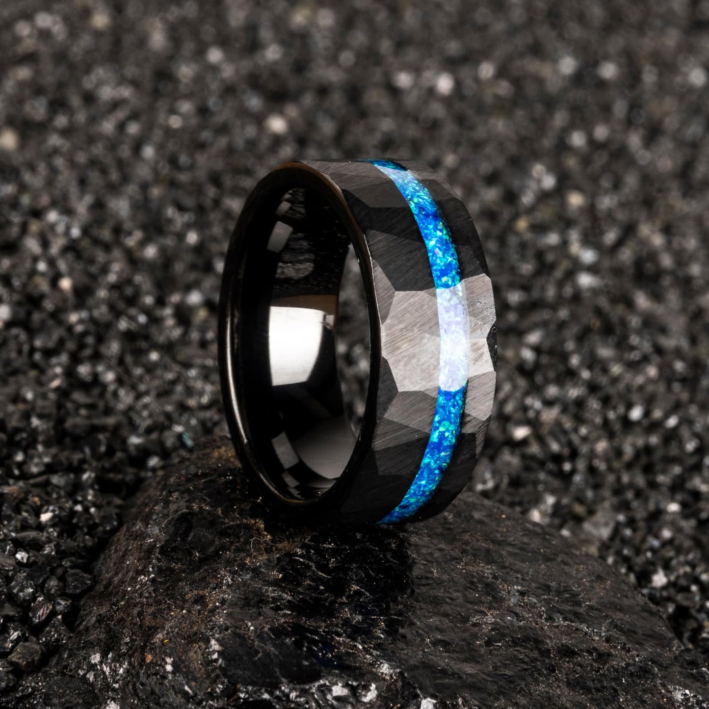 JEWPER 8mm Men Womens Wedding Band Tungsten Rings Black Blue Hammer pattern Fashion Promise Carbide Inlaid Opal Matte Finish Edge Comfort Fit Size(6)