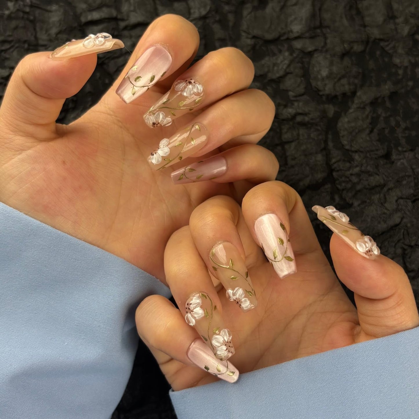 AKA Unicorn Trendy Handmade Press On Nails Medium Coffin Shape,10Pcs Hand Painted Acrylic Fake Nails with 3D Flower Charm Design Clip On Nail for Woman Gift-Design Concept:"Today's Flowers"