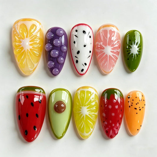 Handmade Nails 3D Fruit Almond Press on Nails Medium Length Cute Thick Acrylic Fake Nails Summer False Nails with Strawberry Kiwi Designs Colorful Nail Art Press on Nails 10Pcs(M)
