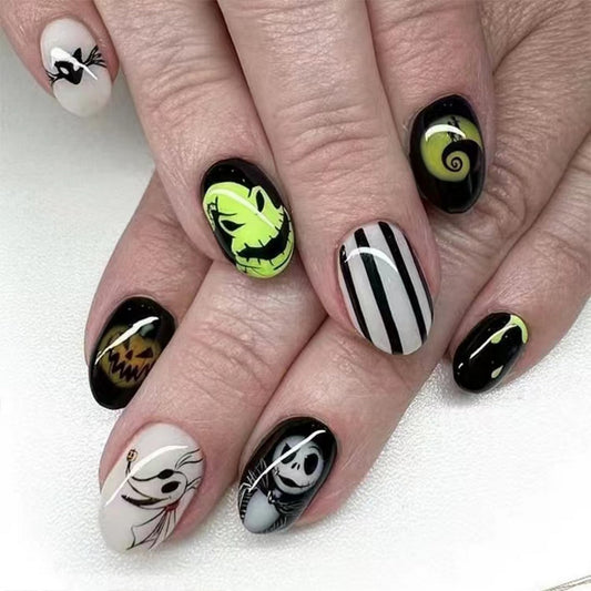 Halloween Press on Nails Short Almond Fake Nails with Skeleton Bat Pumpkin designs Spooky Nails Glossy Stick on Nails Black White Stripe False Nails Glue on Nails for Women Halloween Press ones 24pcs