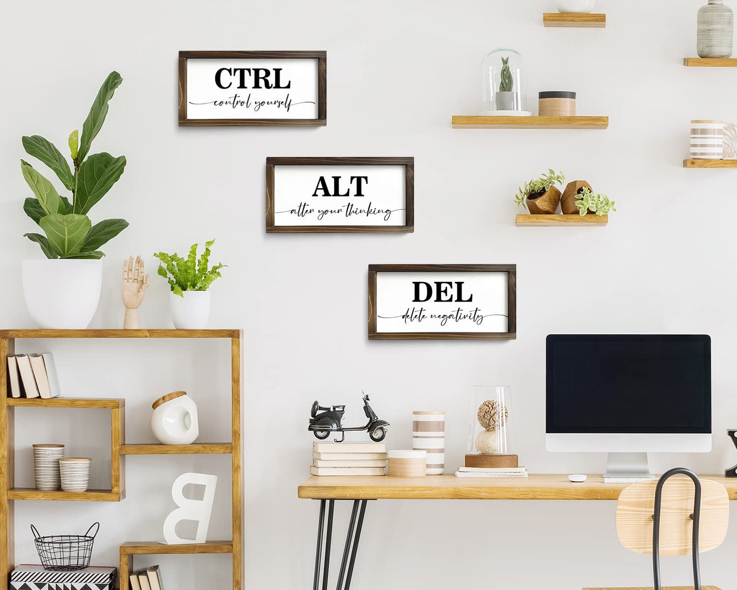 Pinetree Art Motivational Wall Decor for Office, Set of 3 Rustic Wooden Framed Signs, CTRL ALT DEL Inspirational Wall Art for Home Office, Classroom, Desk Wall, Positive Mindset Decor, (6"x12"x3)