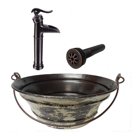 Simply Copper 15" Round Copper Vessel BUCKET Sink in Distressed Antique White Exterior with 13" Pump Faucet and Daisy Drain