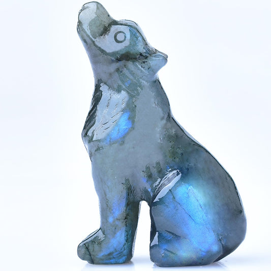 Ytbeoxk 2.1 Inch Labradorite Wolf Crystal Statue，Birthday Present Healing Crystal Decor，Wolf Totem Figurines Stone Energy Gemstones, in Bedroom Office Christmas Meditation Gifts for Men Women
