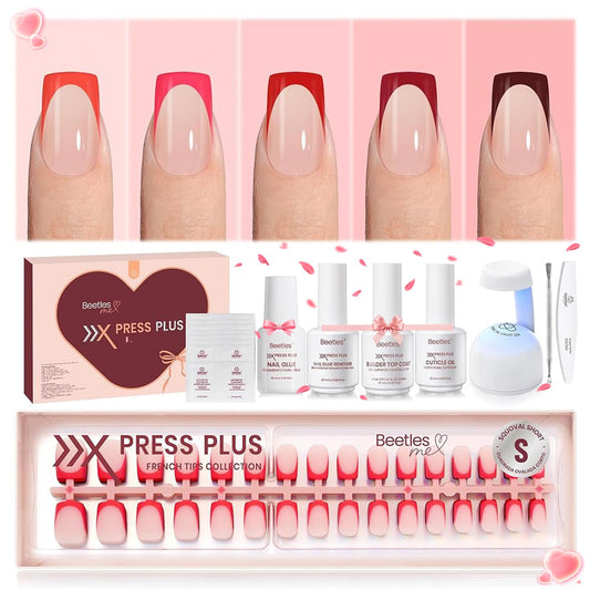 Beetles X Press Plus Red French Tip Nails - Crimson French | 5 Colors Press On Nails Short Square | 160Pcs 16 Sizes All-in-One Kit With Nail Glue,Remover,Builder Top Coat,Nail Lamp Gift
